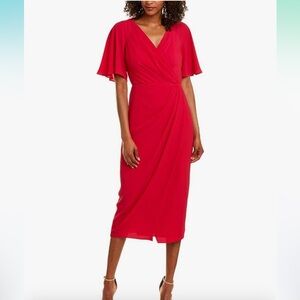 Maggy London Red Flutter Sleeve Wrap Midi Dress